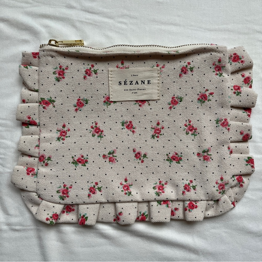 Sezane Froufrous Canvas Pouch with Pink Flowers